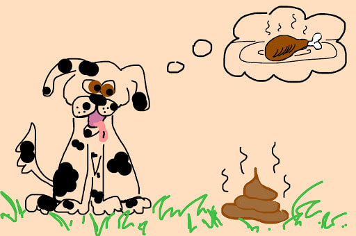 cartoon of a dog imagining a dog poo is a chicken leg 
