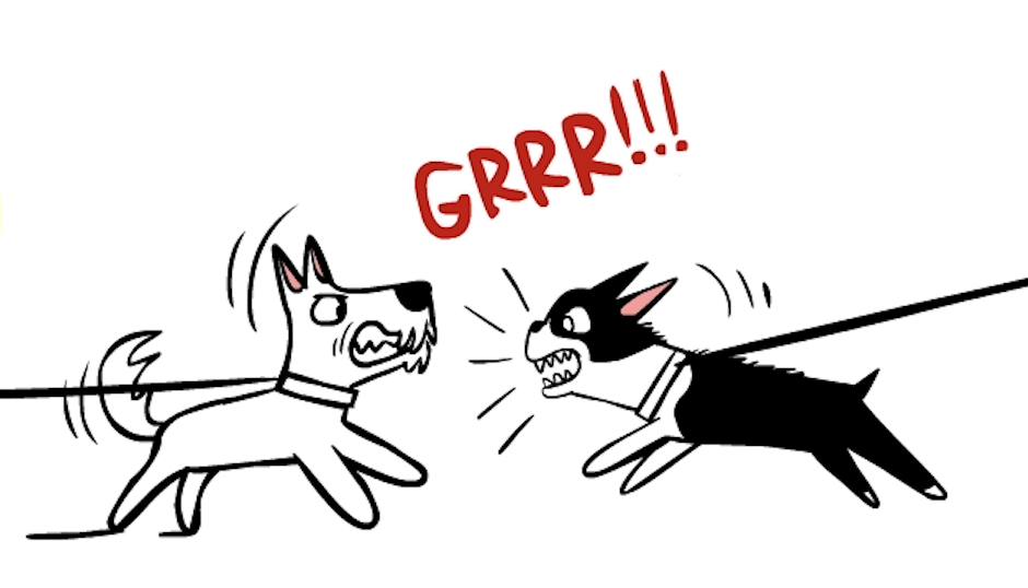 Cartoon image of two dogs on leads growling at each other 